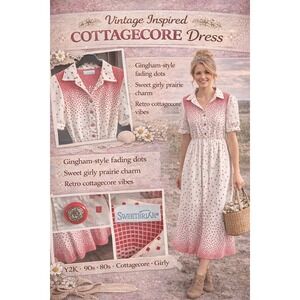 Sweetbriar Vintage Cottagecore Dress Red White Geometric Square Dot Midi 80s 90s